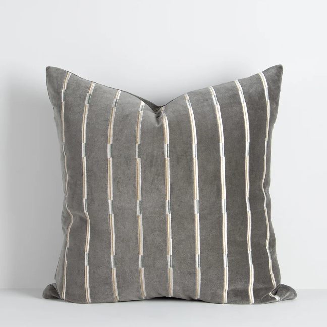Eden cotton velvet cushion in slate green with linear embroidery
