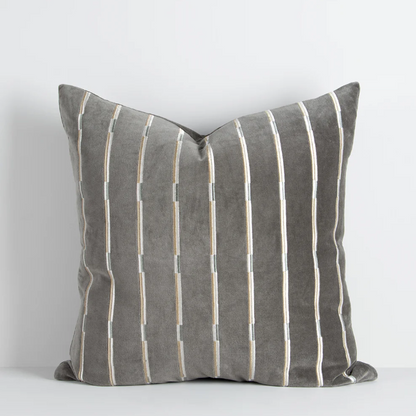 Eden cotton velvet cushion in slate green with linear embroidery