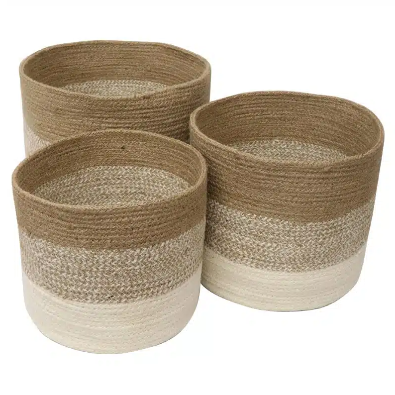 Three woven baskets with brown and beige stripes 