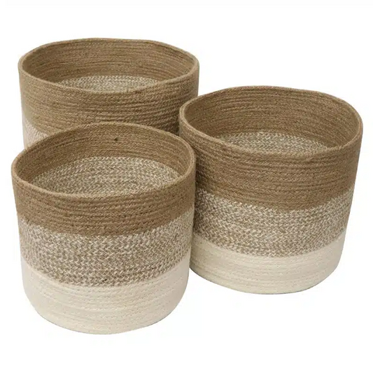 Three woven baskets with brown and beige stripes 