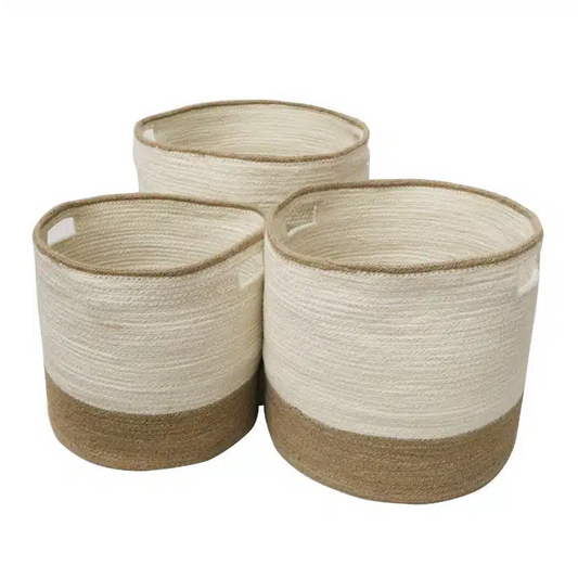 Three woven baskets with natural fiber design 