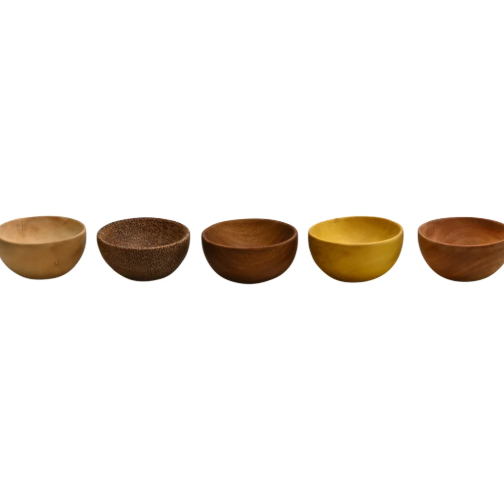 Set of five wooden bowls in various colors 