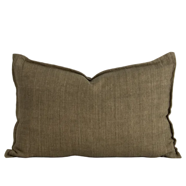 The Arcadia Cushion in warm mushroom linen is handwoven with a refined flange edge, offering timeless style and a relaxed contemporary feel.