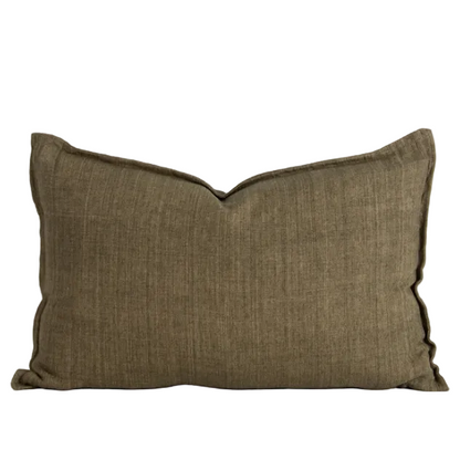 The Arcadia Cushion in warm mushroom linen is handwoven with a refined flange edge, offering timeless style and a relaxed contemporary feel.
