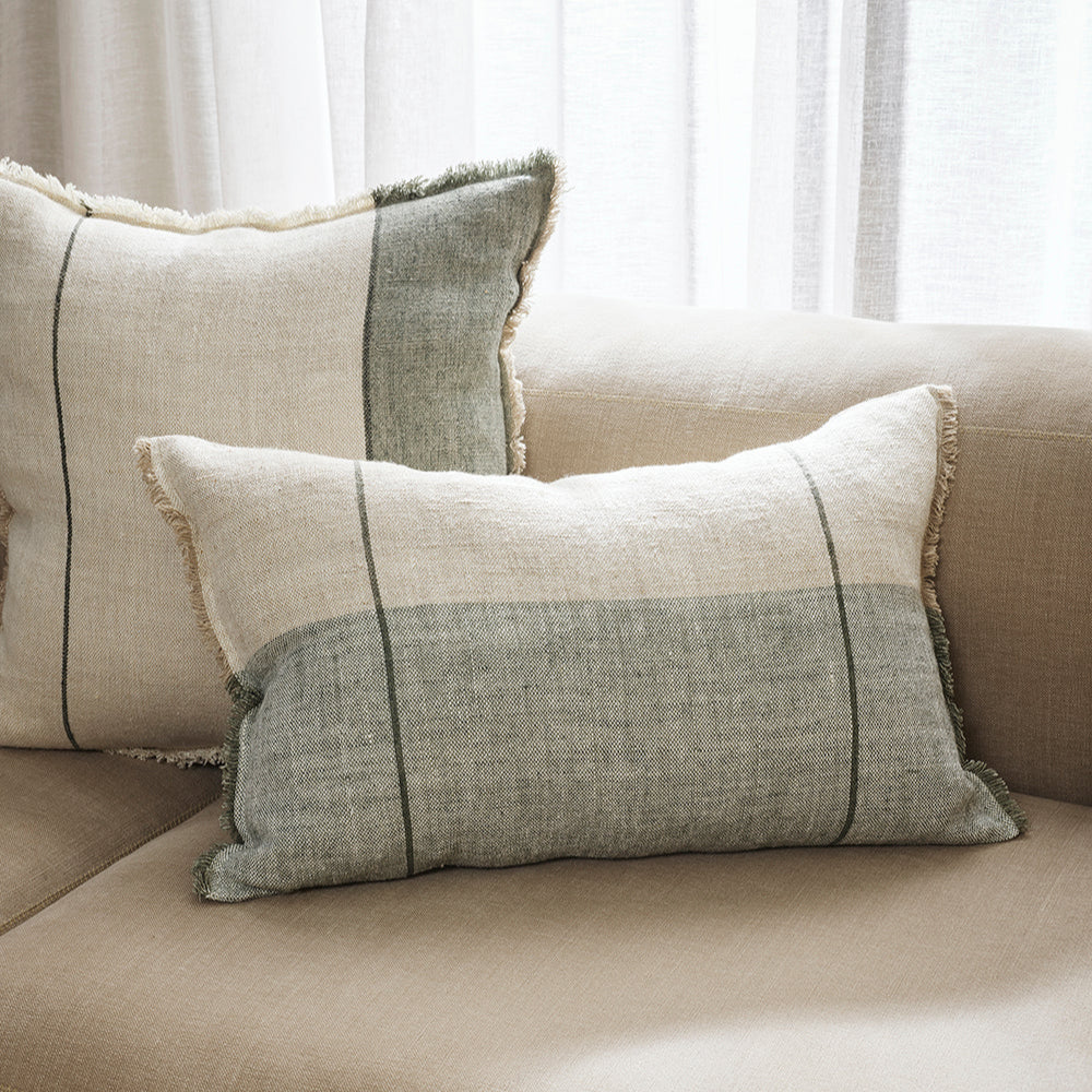 Oliver Cushion in muted sage linen with soft fringing