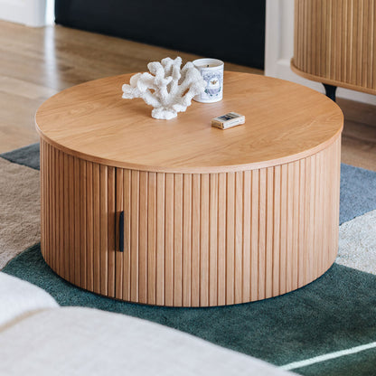 Round solid oak storage table with oak veneer finish