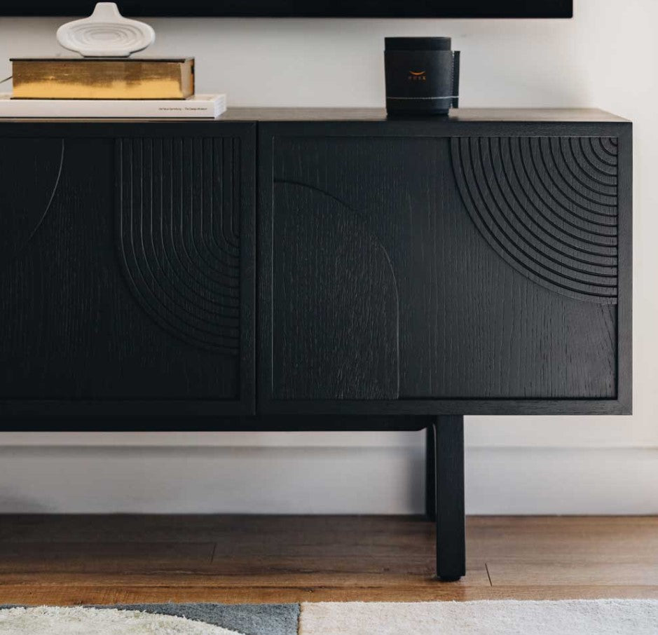 Arc Media Unit crafted from solid oak with oak veneers and soft-closing doors – BLACK Concept Store