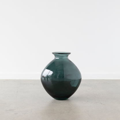 Elliptical recycled glass vase in Myrtal Green front view