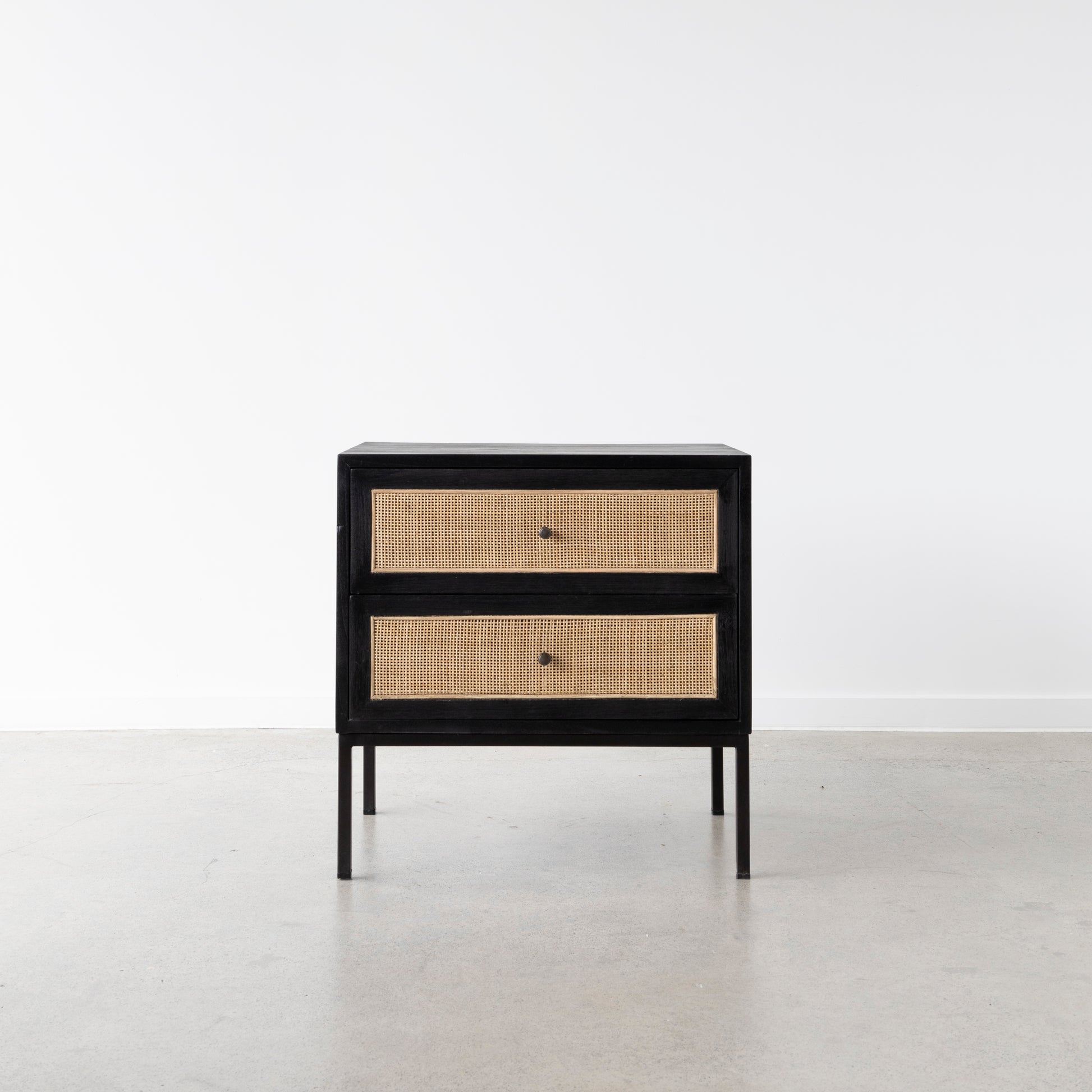 Cardrona Side Table with steel legs and woven rattan panels