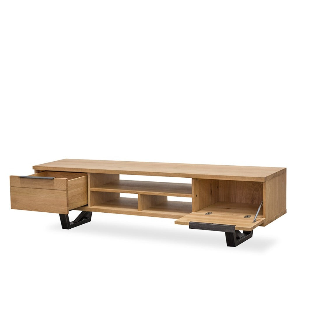 Solid oak entertainment unit with steel base and modern design