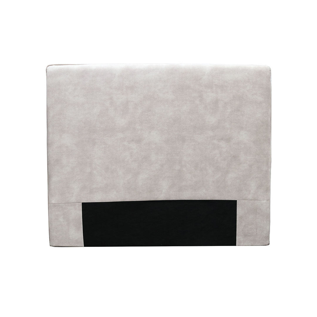 A grey upholstered padded headboard designed for a queen-sized bed. From furniture and homewares in christchurch