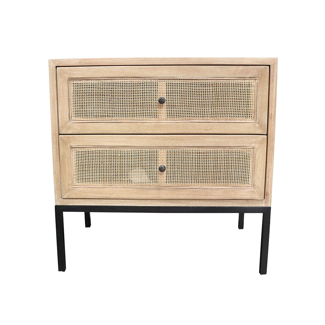 Cardrona Side Table with steel legs, timber frame, and rattan panels