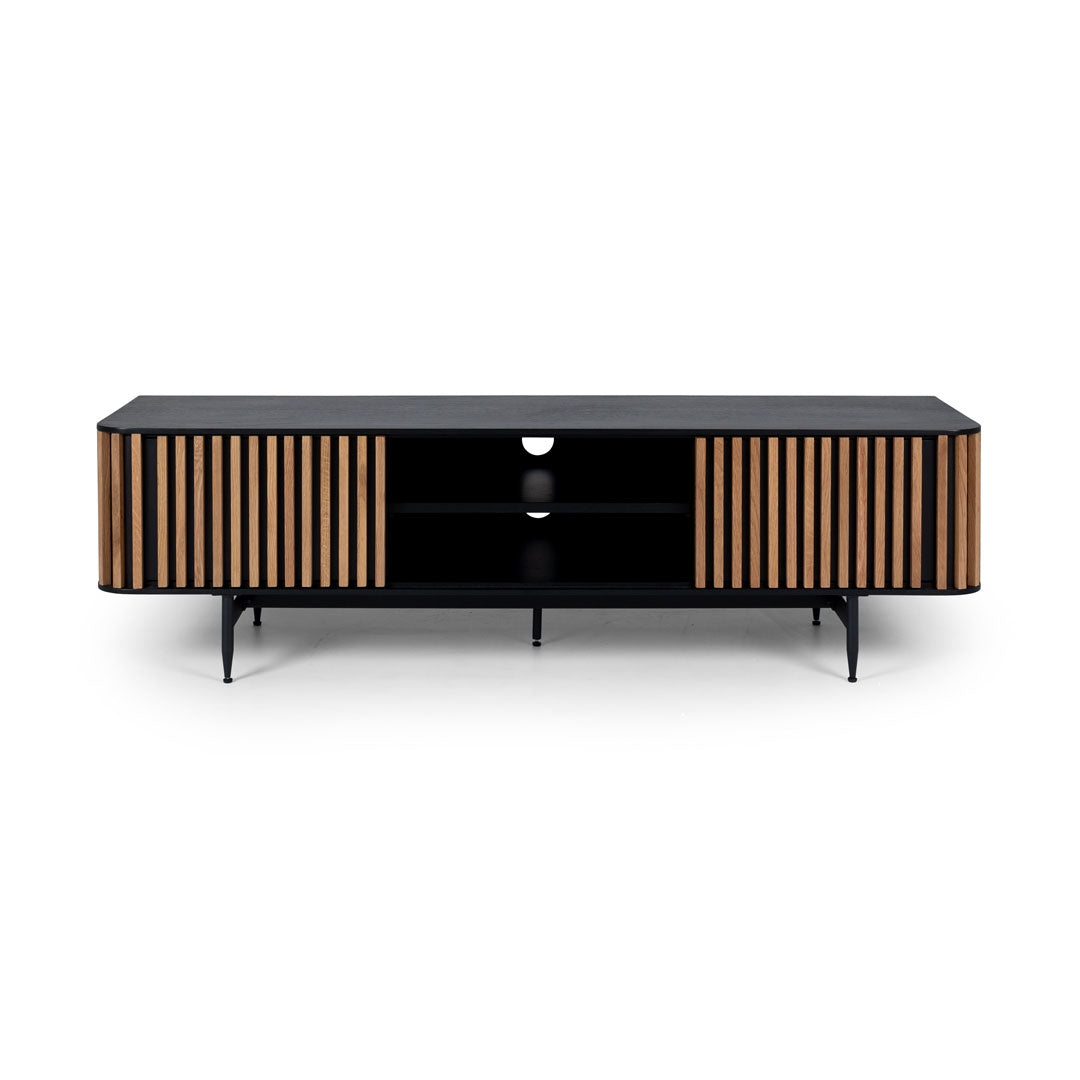 Contemporary oak strip TV unit with black storage cavity